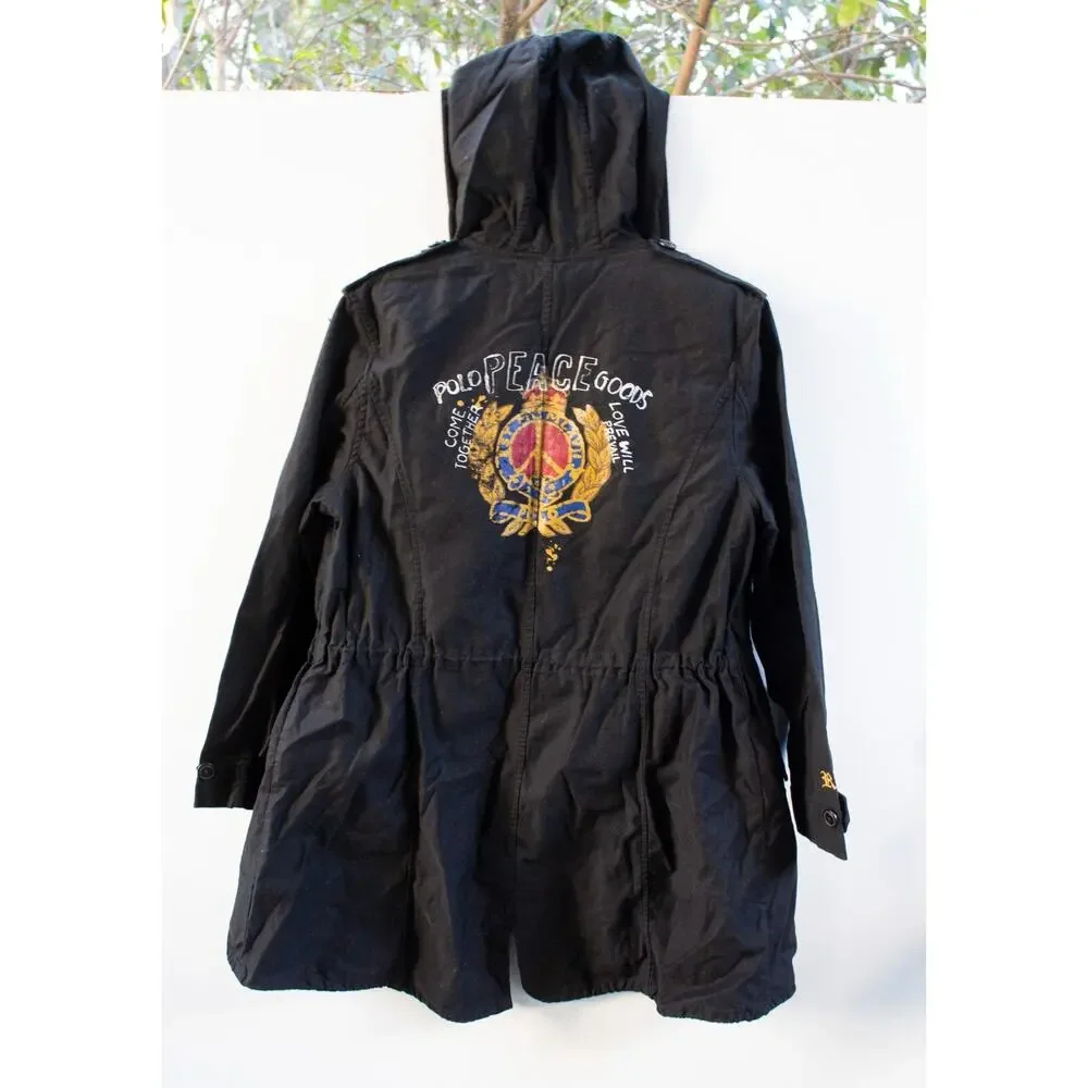 Polo Ralph Lauren Peace Goods Military Cotton Black Parka Jacket KID Large 12/14